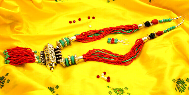 Red & Turquoise Seed Beads Pote with Oxidise Pendent & Earring