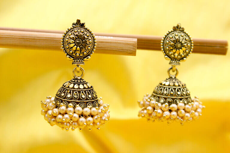 Oxidise Golden Jhumka with Golden Moties - Image 2