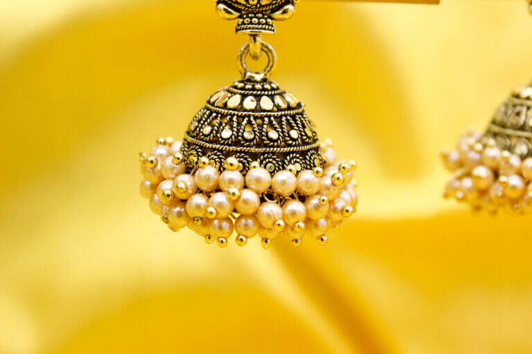 Oxidise Golden Jhumka with Golden Moties - Image 3