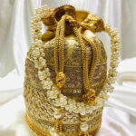 Wedding Collection Golden Colour Potli Bag Exclusive Hand Crafted with Moti & Full Zari Work