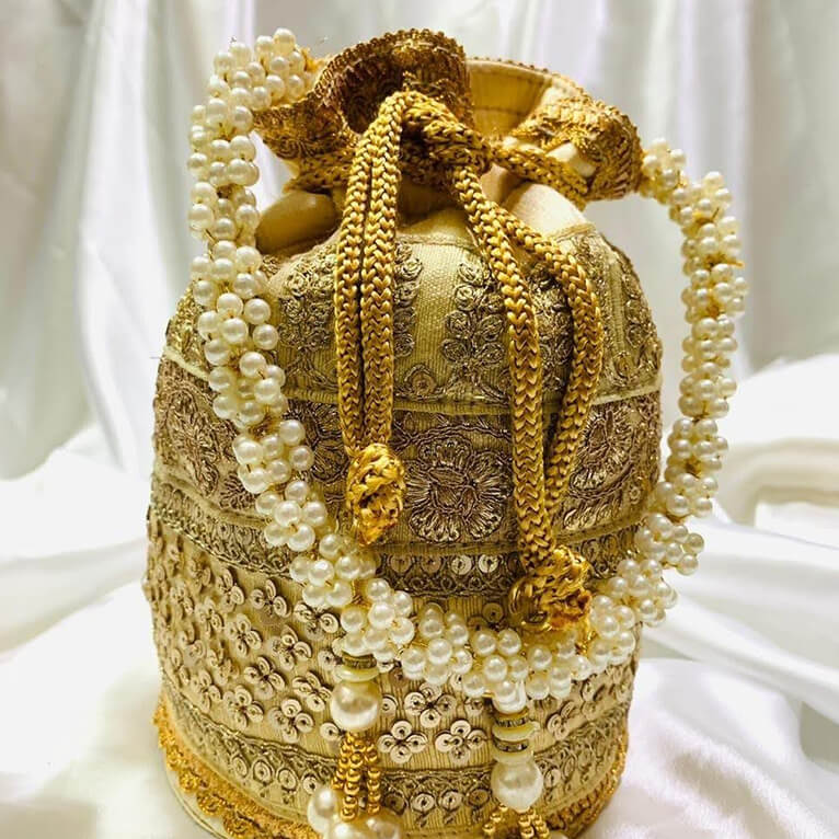 Buy Light Gold Sling Bag With Zari, Swarovski And Moti Embroidery By Sole  House KALKI Fashion India