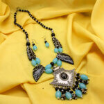 Traditional Tribel Blue & Black Beads Neck Piece with Oxidise Pendent & Earrings