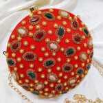 Latest Collection Bright Red Colour Round Shaped Clutch Exclusive Hand Crafted with Different Stones & Motis