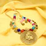 Multi Colour Neck Piece With Heavy Golden Ganesha Locket & Earrings